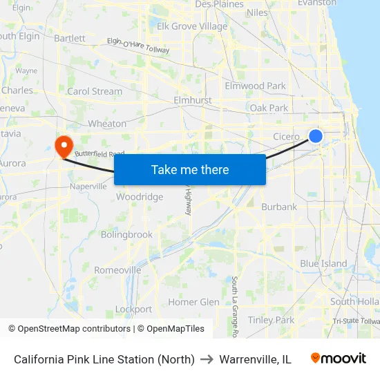 California Pink Line Station (North) to Warrenville, IL map