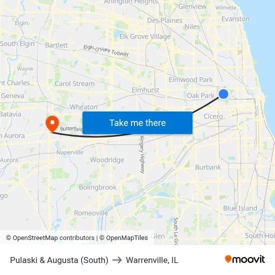 Pulaski & Augusta (South) to Warrenville, IL map