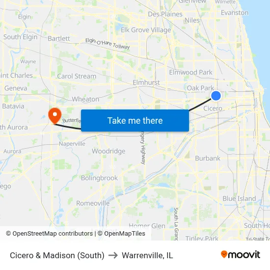 Cicero & Madison (South) to Warrenville, IL map