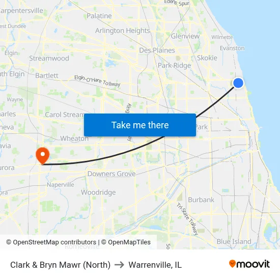 Clark & Bryn Mawr (North) to Warrenville, IL map