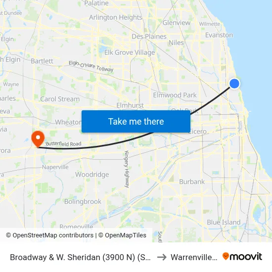 Broadway & W. Sheridan (3900 N) (South) to Warrenville, IL map