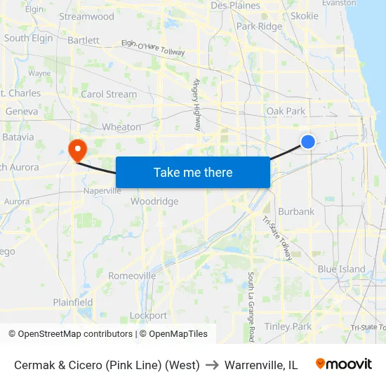 Cermak & Cicero (Pink Line) (West) to Warrenville, IL map