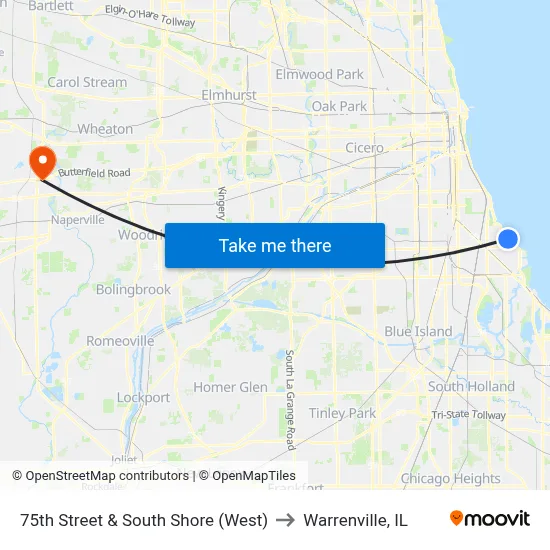 75th Street & South Shore (West) to Warrenville, IL map