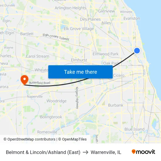 Belmont & Lincoln/Ashland (East) to Warrenville, IL map