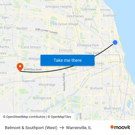 Belmont & Southport (West) to Warrenville, IL map