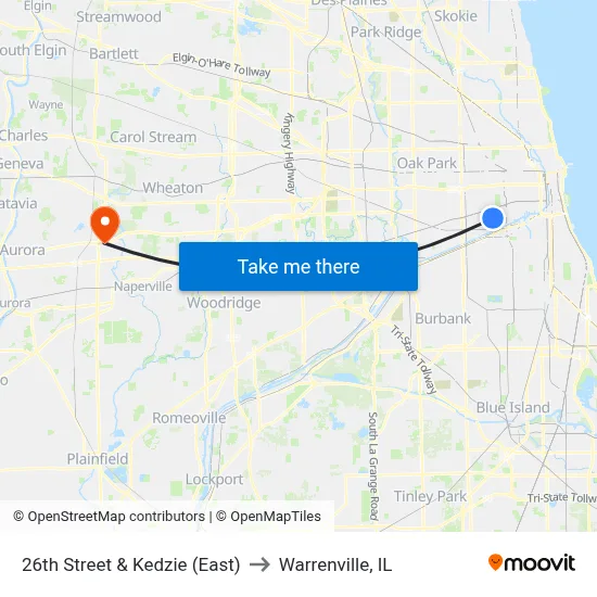 26th Street & Kedzie (East) to Warrenville, IL map