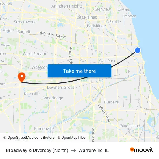 Broadway & Diversey (North) to Warrenville, IL map