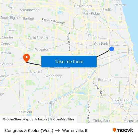 Congress & Keeler (West) to Warrenville, IL map