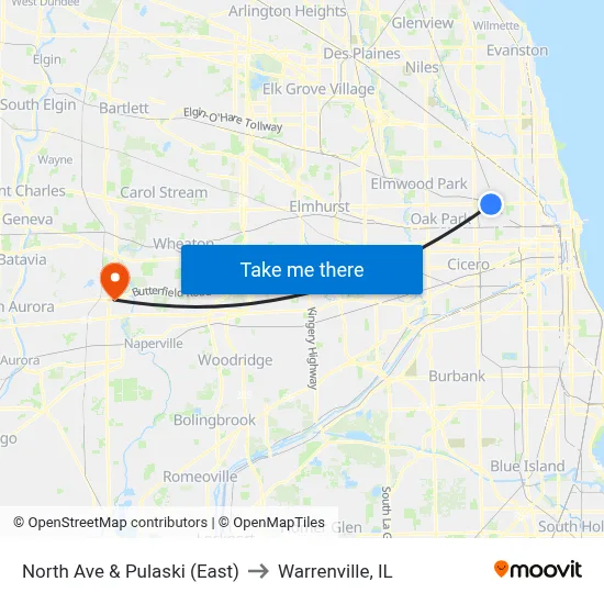 North Ave & Pulaski (East) to Warrenville, IL map