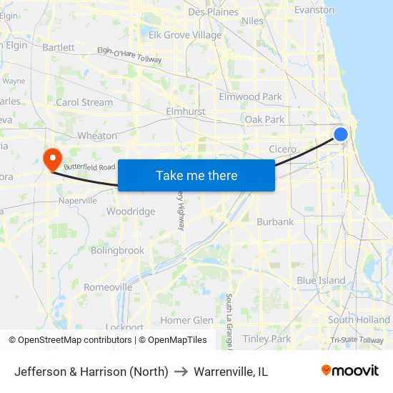 Jefferson & Harrison (North) to Warrenville, IL map