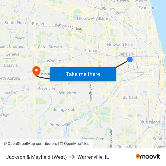 Jackson & Mayfield (West) to Warrenville, IL map