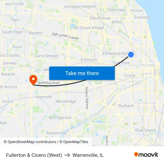 Fullerton & Cicero (West) to Warrenville, IL map