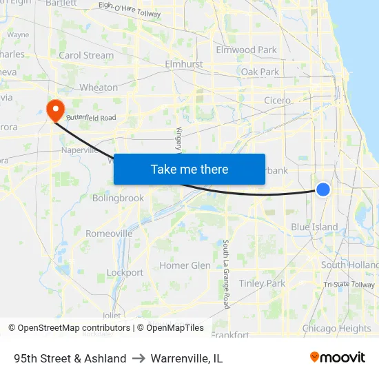 95th Street & Ashland to Warrenville, IL map