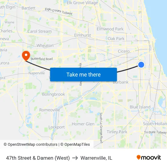 47th Street & Damen (West) to Warrenville, IL map