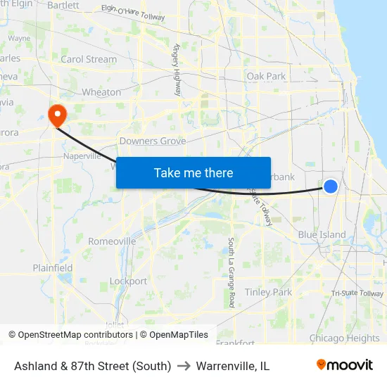 Ashland & 87th Street (South) to Warrenville, IL map