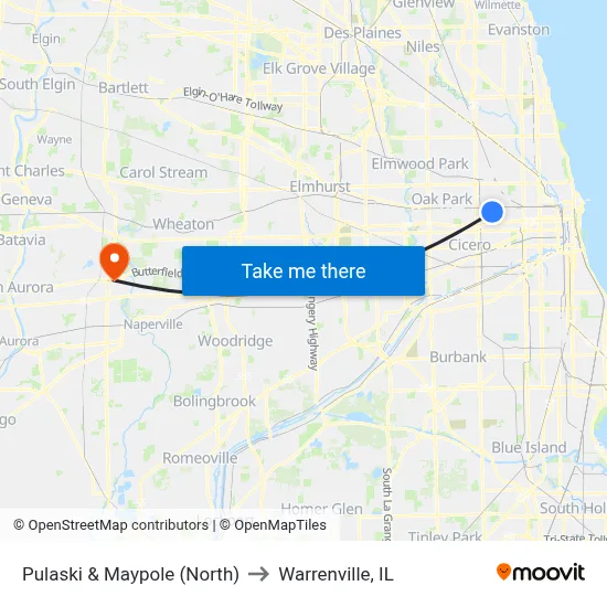 Pulaski & Maypole (North) to Warrenville, IL map
