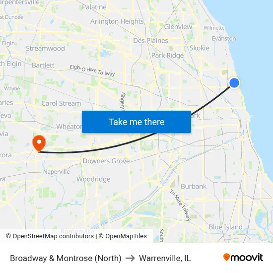 Broadway & Montrose (North) to Warrenville, IL map