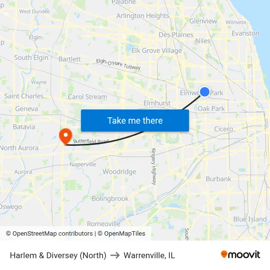 Harlem & Diversey (North) to Warrenville, IL map