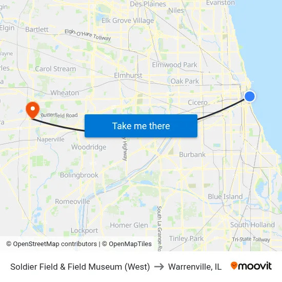 Soldier Field & Field Museum (West) to Warrenville, IL map