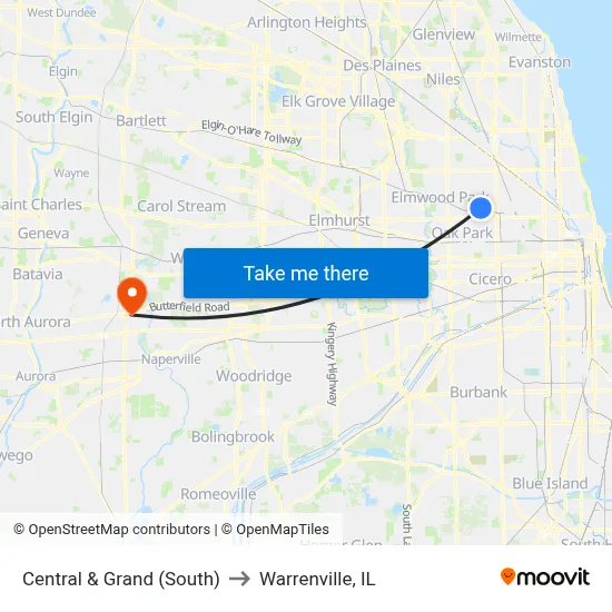 Central & Grand (South) to Warrenville, IL map
