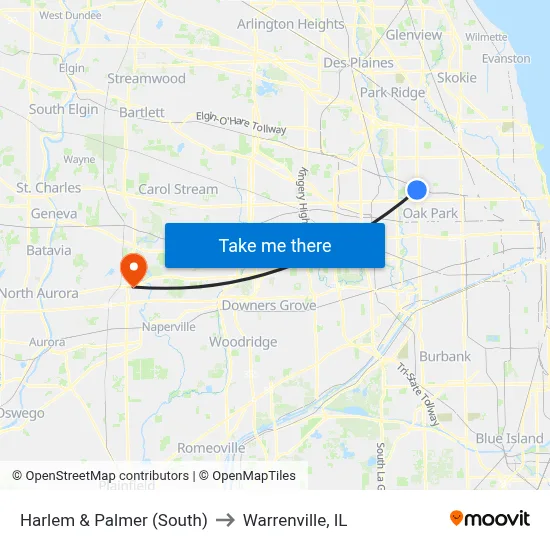 Harlem & Palmer (South) to Warrenville, IL map