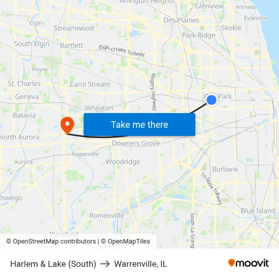 Harlem & Lake (South) to Warrenville, IL map