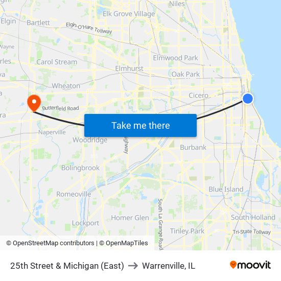 25th Street & Michigan (East) to Warrenville, IL map