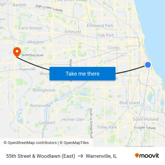 55th Street & Woodlawn (East) to Warrenville, IL map