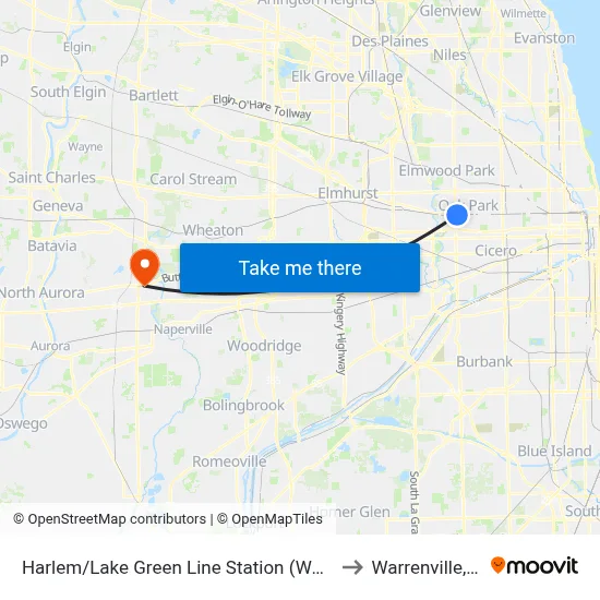 Harlem/Lake Green Line Station (West) to Warrenville, IL map