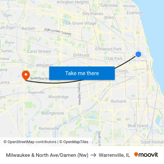 Milwaukee & North Ave/Damen (Nw) to Warrenville, IL map