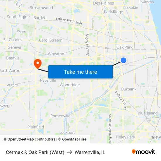 Cermak & Oak Park (West) to Warrenville, IL map