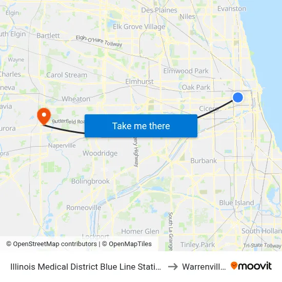 Illinois Medical District Blue Line Station (North) to Warrenville, IL map