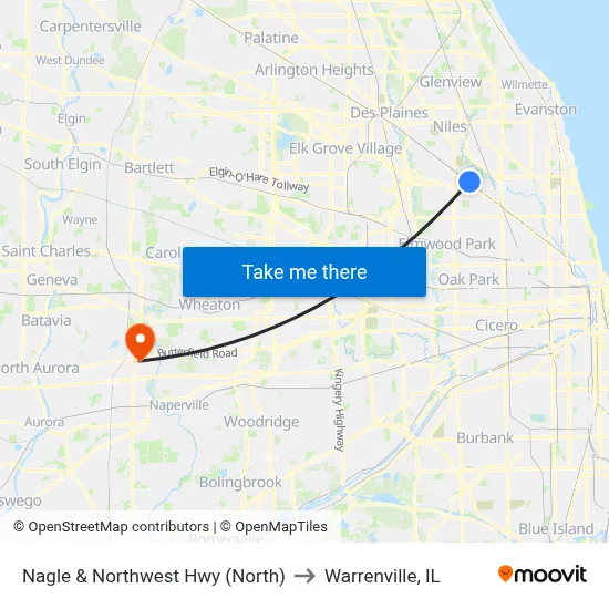 Nagle & Northwest Hwy (North) to Warrenville, IL map
