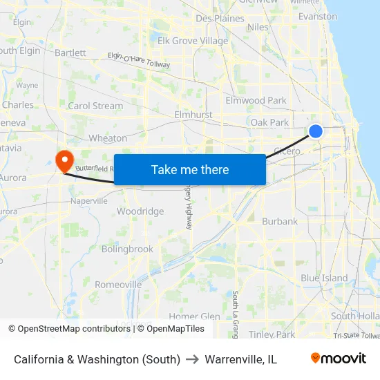 California & Washington (South) to Warrenville, IL map