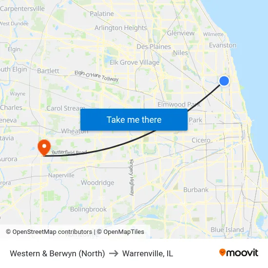 Western & Berwyn (North) to Warrenville, IL map