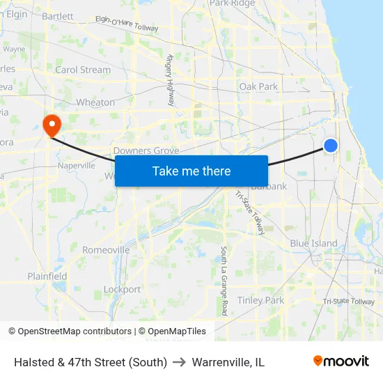 Halsted & 47th Street (South) to Warrenville, IL map