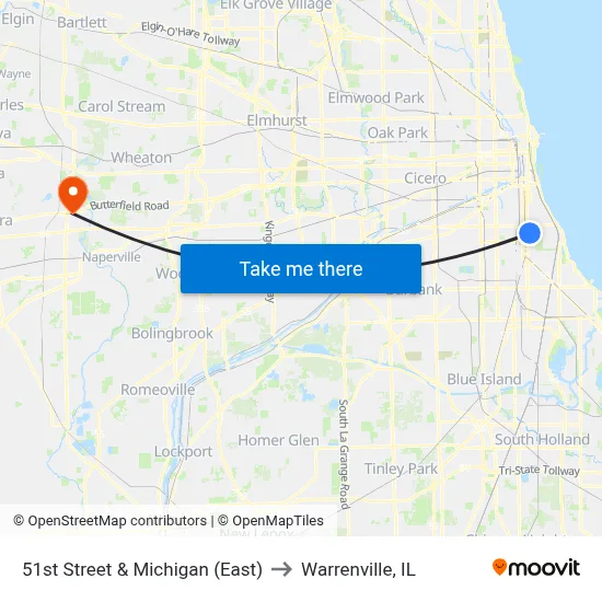 51st Street & Michigan (East) to Warrenville, IL map