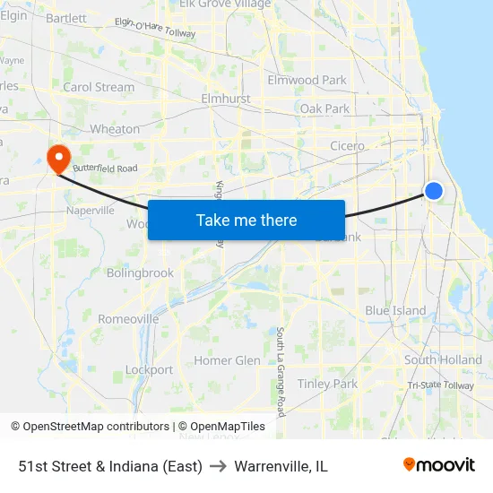 51st Street & Indiana (East) to Warrenville, IL map