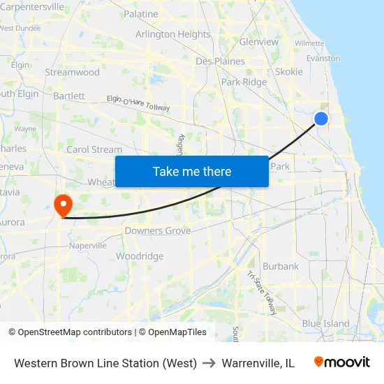Western Brown Line Station (West) to Warrenville, IL map