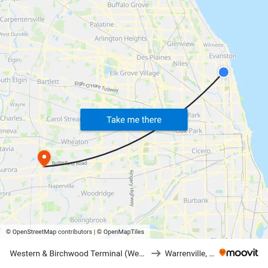 Western & Birchwood Terminal (West) to Warrenville, IL map