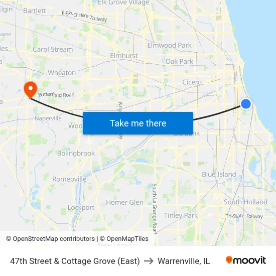 47th Street & Cottage Grove (East) to Warrenville, IL map