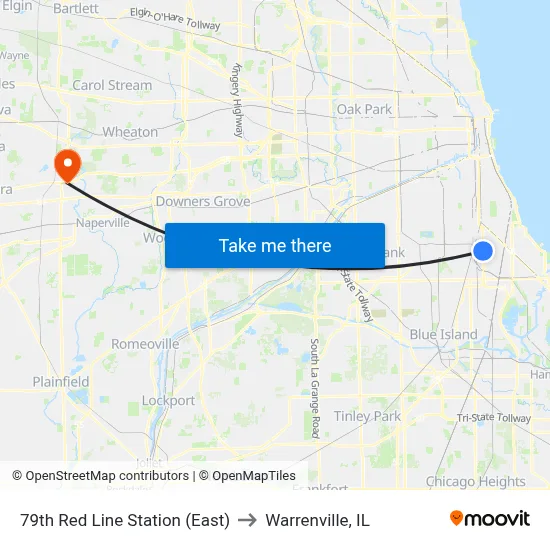 79th Red Line Station (East) to Warrenville, IL map