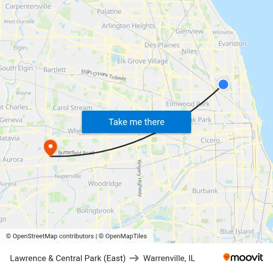 Lawrence & Central Park (East) to Warrenville, IL map