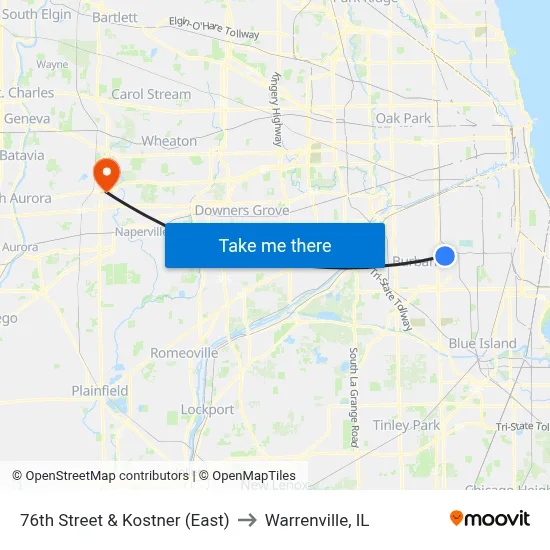 76th Street & Kostner (East) to Warrenville, IL map