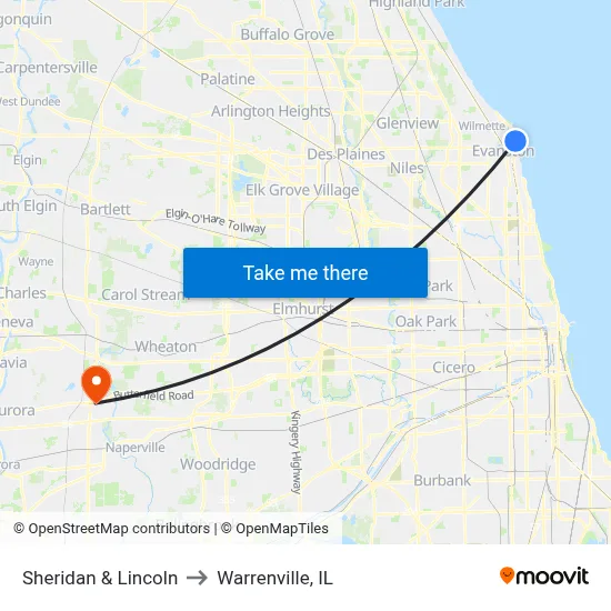 Sheridan & Lincoln to Warrenville, IL map