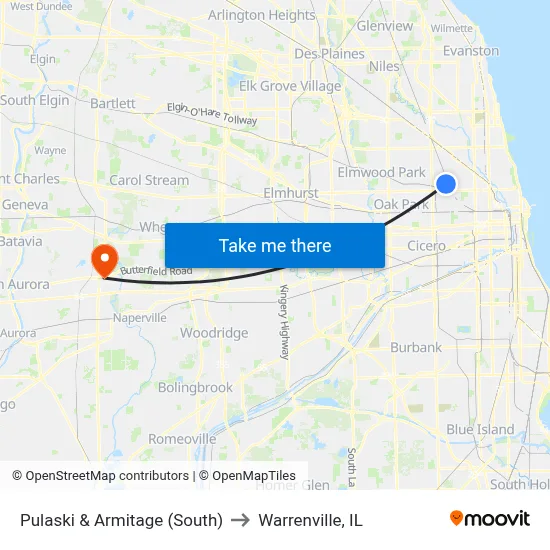 Pulaski & Armitage (South) to Warrenville, IL map