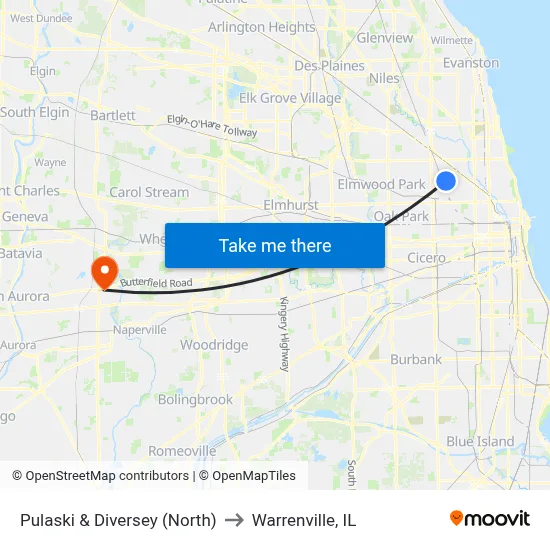 Pulaski & Diversey (North) to Warrenville, IL map