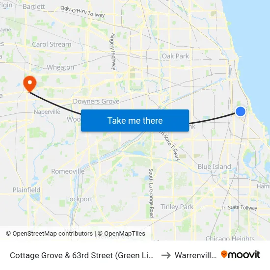 Cottage Grove & 63rd Street (Green Line) (North) to Warrenville, IL map