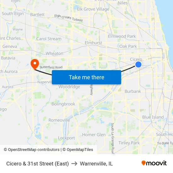 Cicero & 31st Street (East) to Warrenville, IL map