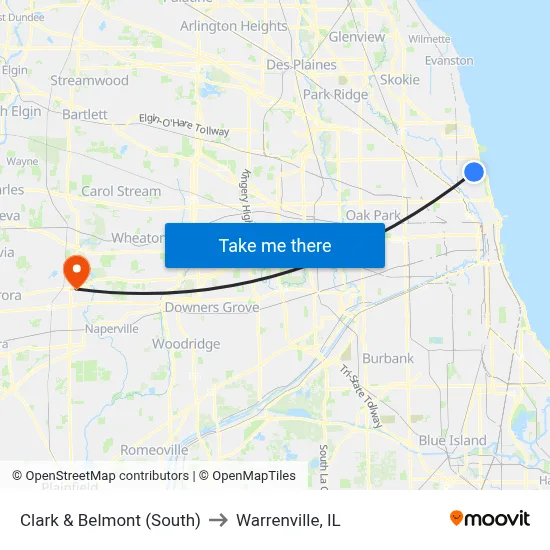Clark & Belmont (South) to Warrenville, IL map